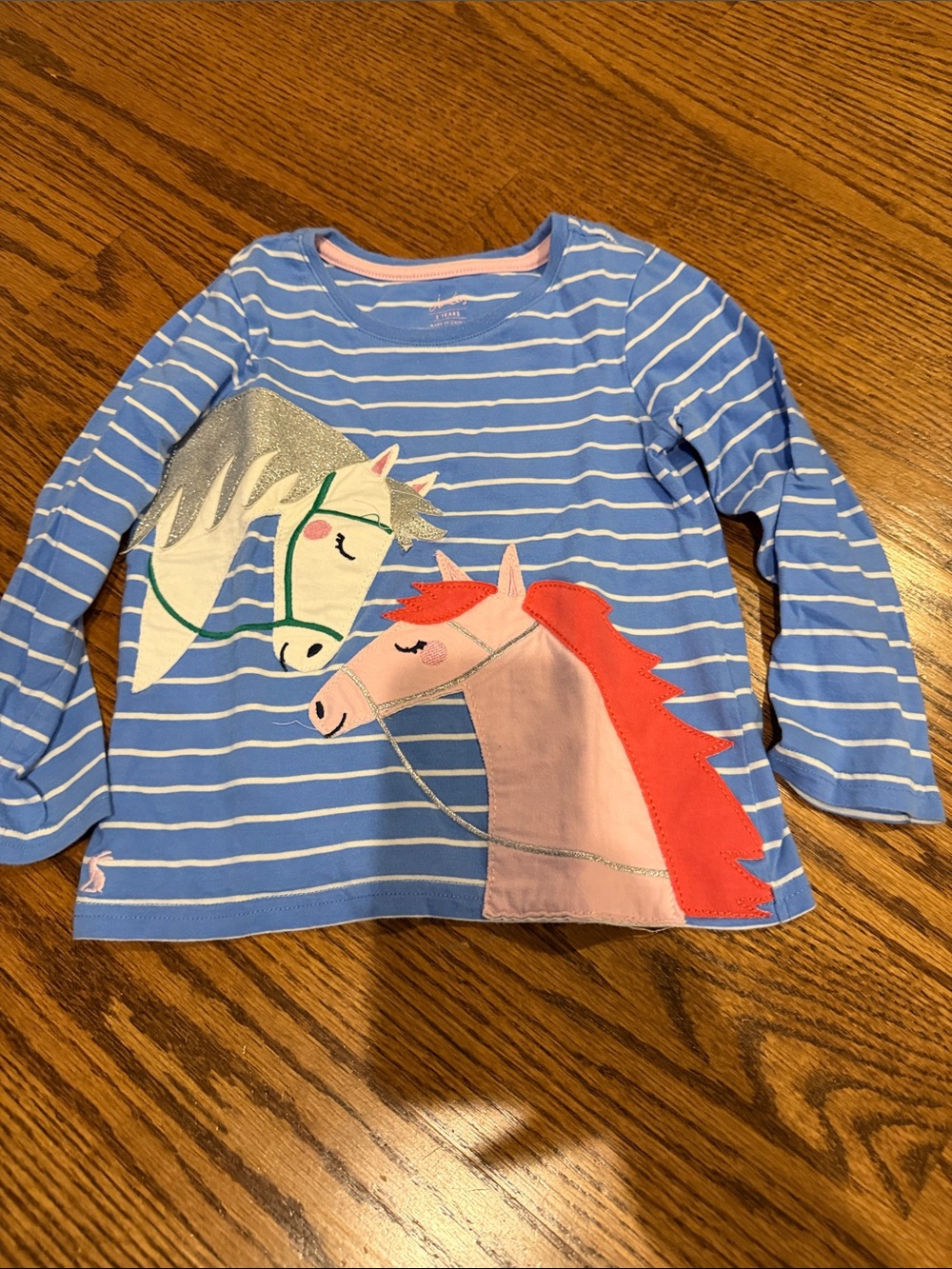 Girls' Blue Striped Horse Appliqué Long-Sleeve Top